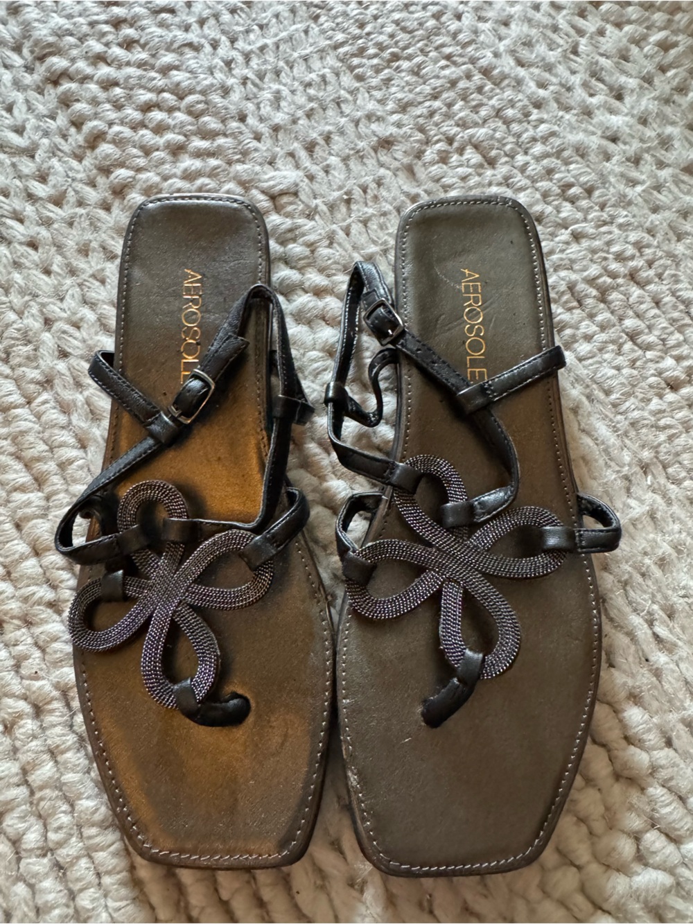 AEROSOLES Black Braided Detail Square-Toe Sandals